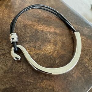 Silver and Black Leather Hook Bracelet